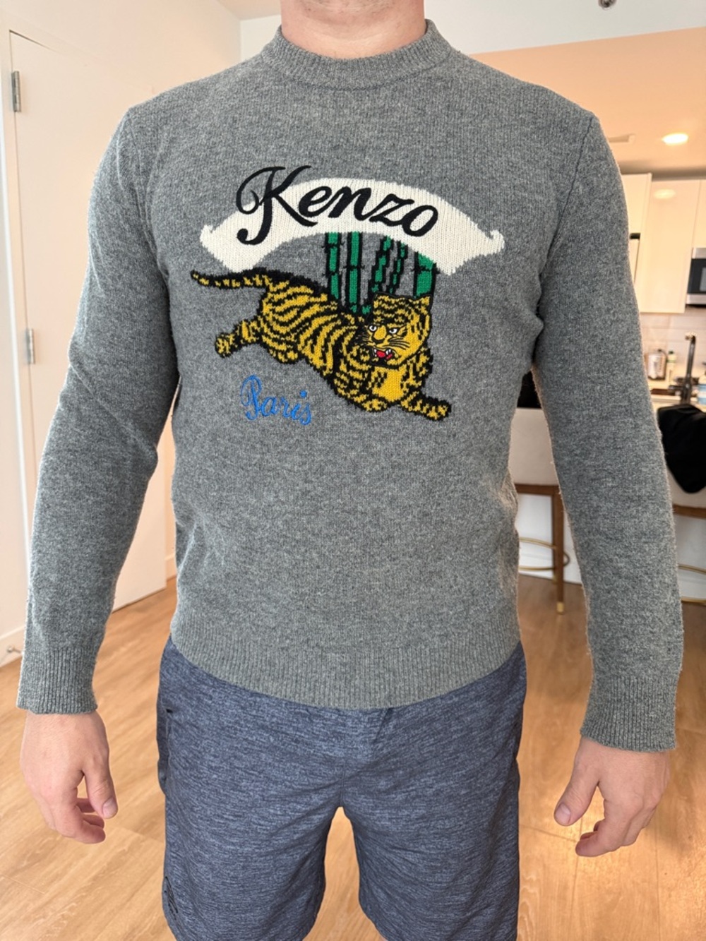 Kenzo Grey Crewneck Sweater with Embroidered Tiger